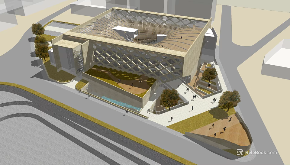 Modern Library Building With Unique Geometric Roof Greenery And Pedestrian Open Space 3d model 