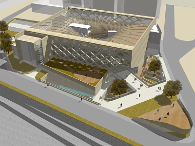 Modern Library Building With Unique Geometric Roof Greenery And Pedestrian Open Space 3d model