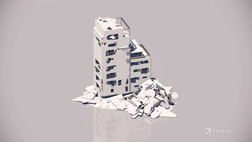 Collapsed White High Rise Building Model With Broken Structure And Scattered Debris 3d model