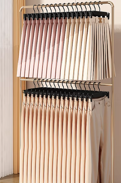 Pastel Colored Clothes Hanging On Black Hangers In Organized Wardrobe Interior Design 3d model