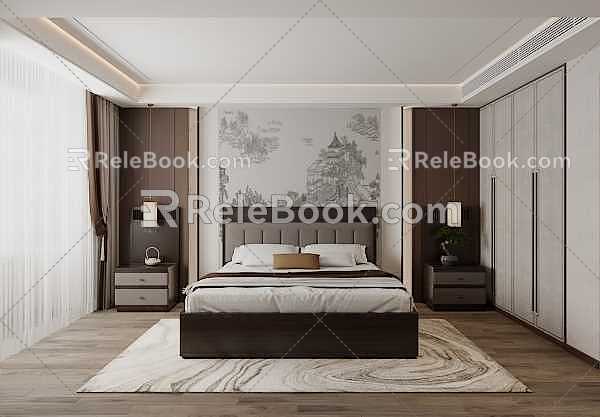 Chinese bed bedside table Chinese bed background combination 3d model