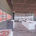 Modern Exhibition Space Interior With Lattice Ceiling Colorful Banners Red Artworks And White Display Counters