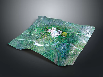 Modern 3D Terrain Model With Central White Building And Green Landscape Roads 3d model