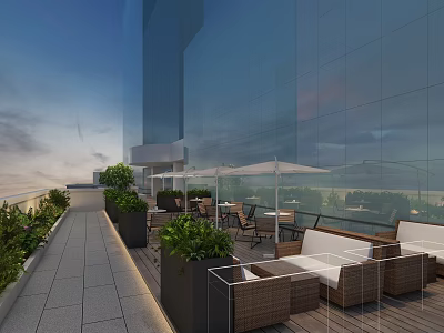 Modern Rooftop Terrace With Glass Curtain Wall Building Outdoor Furniture And Green Plants 3d model