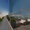 Modern Rooftop Terrace With Glass Curtain Wall Building Outdoor Furniture And Green Plants