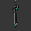 Ornate Decorative Sword with Blue Gemstone Accents Intricate Carvings and Metallic Finish