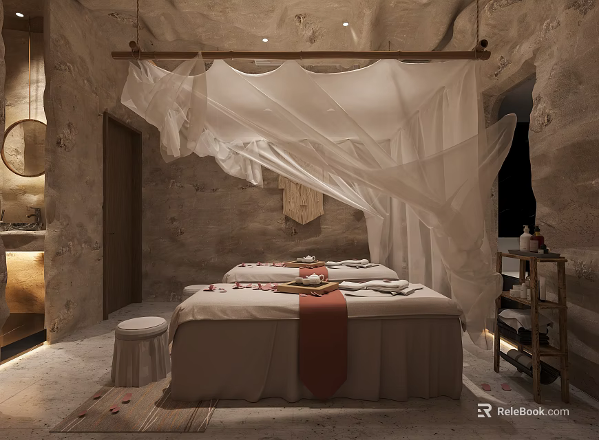 Spa Sauna Room Interior With Massage Bed White Canopy And Aromatherapy Elements 3d model 