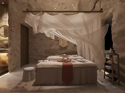 Spa Sauna Room Interior With Massage Bed White Canopy And Aromatherapy Elements 3d model