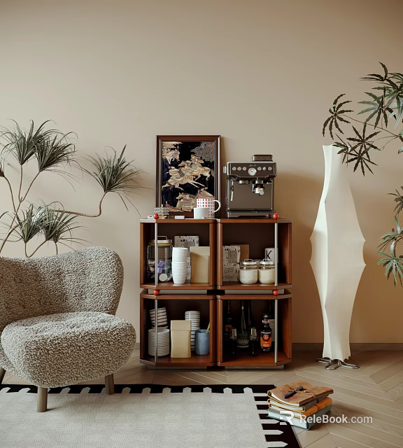 Elegant Decorative Cabinet In Living Room With Coffee Machine Green Plants And Framed Art 3d model 