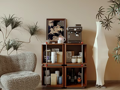 Elegant Decorative Cabinet In Living Room With Coffee Machine Green Plants And Framed Art 3d model