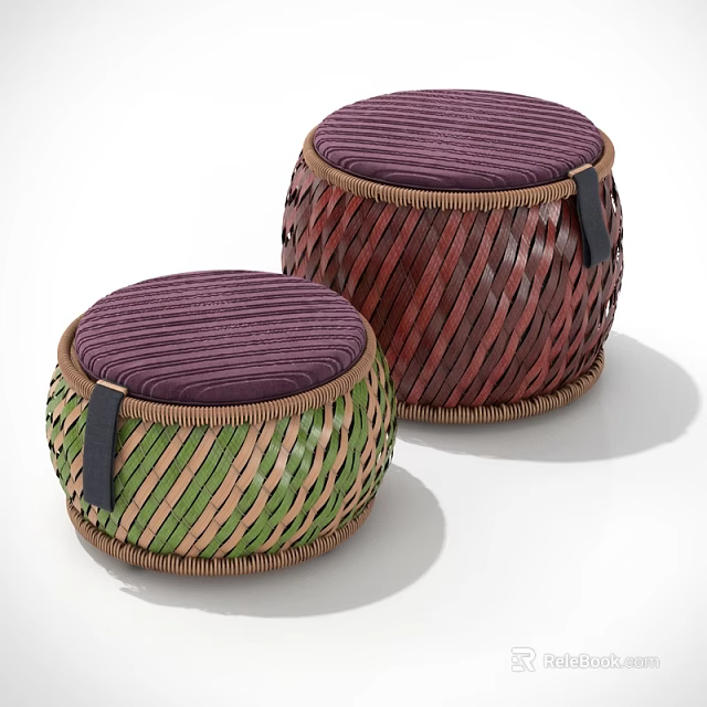 Woven Ottoman Stools with Purple Striped Cushions Green Brown Weave Design 3d model 