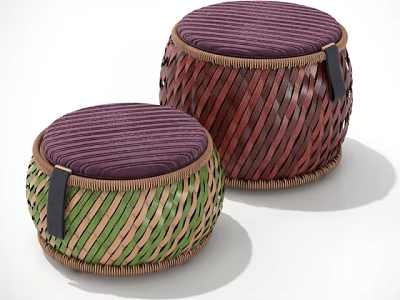 Woven Ottoman Stools with Purple Striped Cushions Green Brown Weave Design 3d model