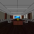 Spacious Conference Room With Long Wooden Table Green Plant Black Chairs And Large Screen