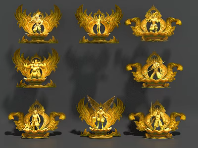 Intricate Golden Winged Sculpture Carvings With Decorative Bases And Detailed Figures 3d model