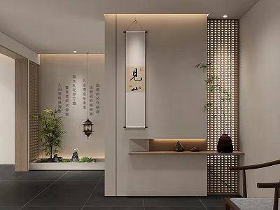 New Chinese Style Foyer Hallway With Calligraphy Scroll Plants And Lantern 3d model