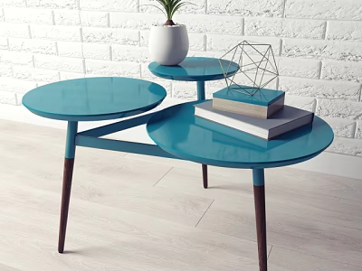 Blue Modern Round Coffee Table With Multi Tiered Tabletop Wooden Legs White Planter Plant Books 3d model