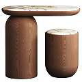 Natural Wooden Side Table with Round Marble Top and Pedestal Base Design