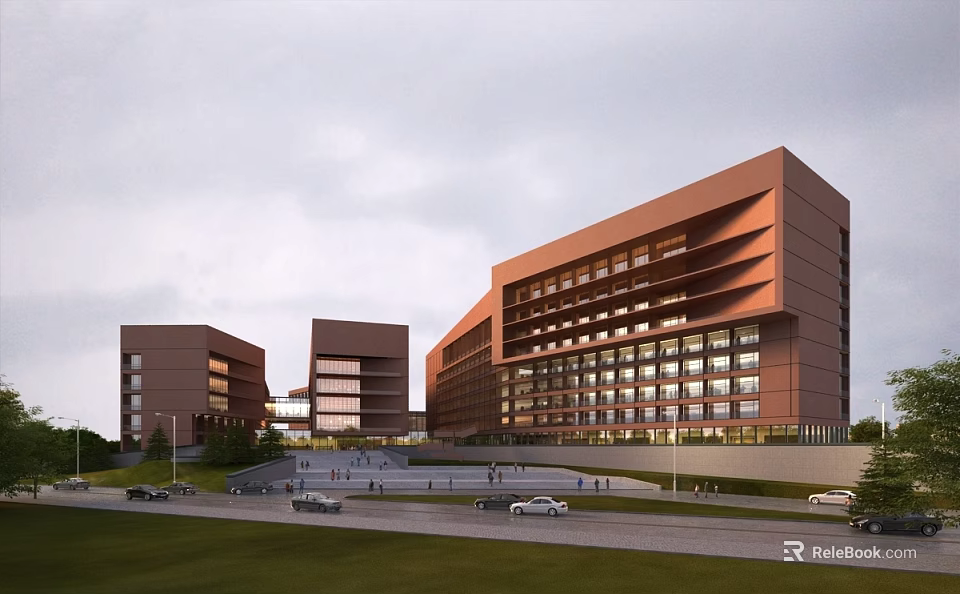 Modern Brown Office Building Complex With Glass Windows Green Lawn And Pedestrians 3d model 