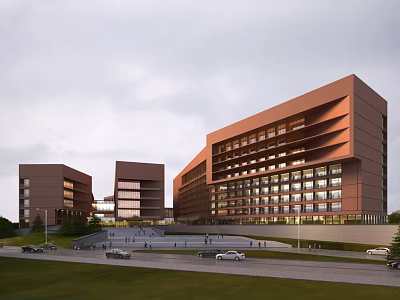 Modern Brown Office Building Complex With Glass Windows Green Lawn And Pedestrians 3d model