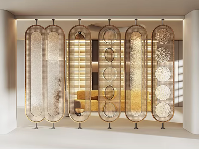Modern Decorative Room Divider With Metal Frame And Circular Patterns 3d model