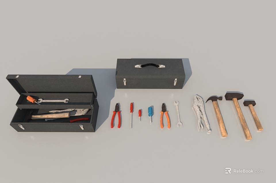 Assorted Hardware Tools in Open Toolbox with Pliers Hammers and Screwdrivers 3d model 