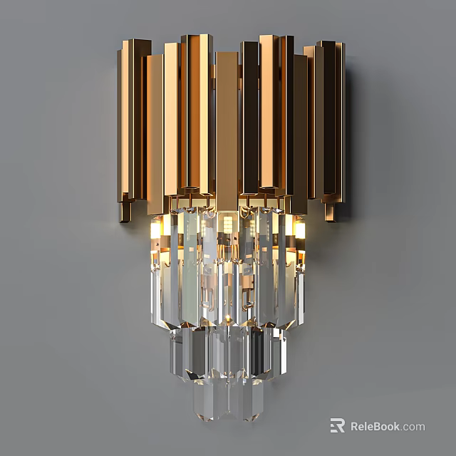 Elegant Golden Wall Sconce With Vertical Brass Strips And Crystal Pendants Illuminated 3d model 