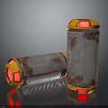 Rusted Metal Cylindrical Devices With Orange Top And Base Red Glowing Sections Standing And Lying