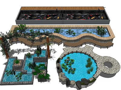 Stunning Water Fountain Design With Stone Ponds Aquatic Plants And Decorative Greenery 3d model