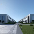 Modern Industrial Factory Building with Glass Facade Landscaped Greenery and Wide Roadway