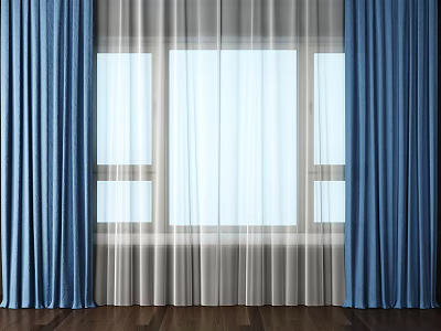Blue Curtains With White Sheer Panels For Window In Wooden Floor Room 3d model