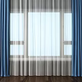 Blue Curtains With White Sheer Panels For Window In Wooden Floor Room