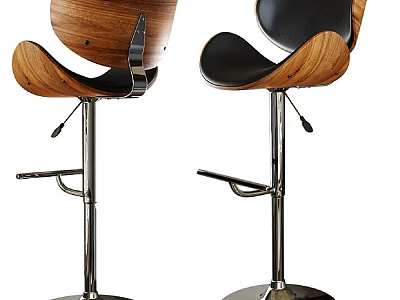 Modern Design Bar Stools With Wooden Back And Black Seat On Metallic Adjustable Stand 3d model