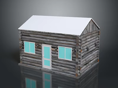 Traditional Log Cabin With White Roof Blue Door And Glass Windows 3d model