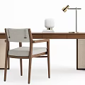 Modern Wooden Desk And Chair Set With Rattan Panels Upholstered Seat And Table Lamp