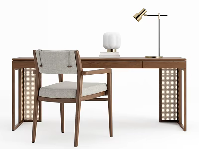 Modern Wooden Desk And Chair Set With Rattan Panels Upholstered Seat And Table Lamp 3d model
