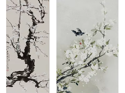 Traditional Ink Painting Artwork Featuring Plum Tree Branches White Blossoms And Black Bird 3d model