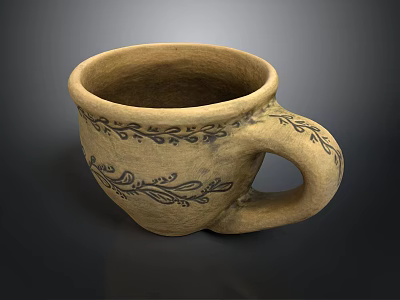 Handcrafted Traditional Earthenware Mug With Intricate Floral Patterns And Curved Handle 3d model