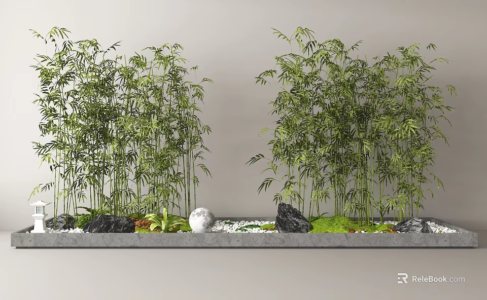 Bamboo Plants In Minimalist Garden With Rocks Moss And Pebbles 3d model 