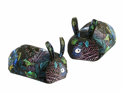 Decorative Rabbit Shaped Pillows With Colorful Leaves And Eye Patterns For Home Decor 3d model