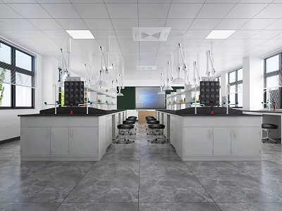 Modern Laboratory Interior Design With Spacious Lab Benches Hanging Lights And Cabinets 3d model