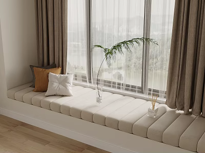 Cozy Bay Window with Beige Cushioned Seat Curtains Pillows and Green Plant 3d model