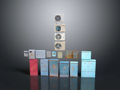 Colorful Stacked Storage Cabinets With Ventilation Panels And Rusted Details 3d model