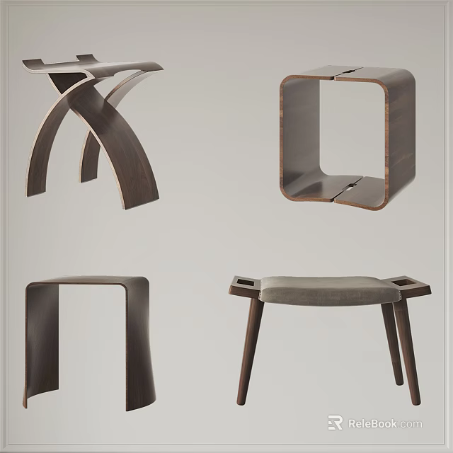 Various Modern Wooden Stool Designs With Cross Legs Square Frame And Padded Seat 3d model 