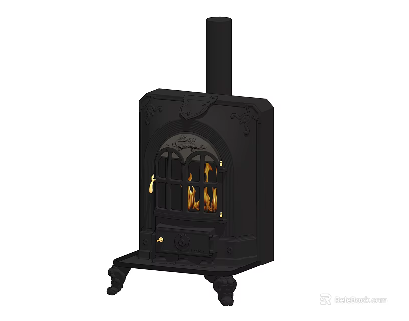 Black Cast Iron Wood Stove With Ornate Design Glass Door And Burning Flames 3d model 