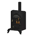 Black Cast Iron Wood Stove With Ornate Design Glass Door And Burning Flames