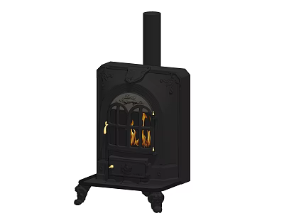 Black Cast Iron Wood Stove With Ornate Design Glass Door And Burning Flames 3d model