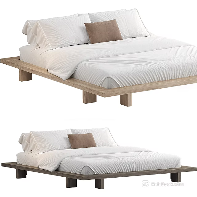 Minimalist Modern Double Bed with Wooden Frame White Bed Sheets and Brown Cushion 3d model 