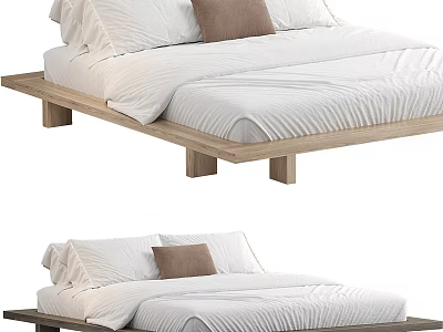 Minimalist Modern Double Bed with Wooden Frame White Bed Sheets and Brown Cushion 3d model
