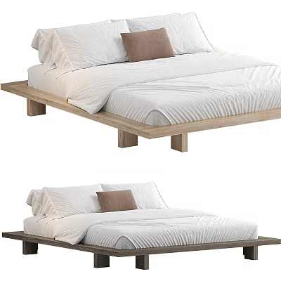 Minimalist Modern Double Bed with Wooden Frame White Bed Sheets and Brown Cushion 3d model