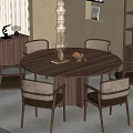 Modern Wooden Round Dining Table Set With Matching Chairs Cabinet And Floor Lamp On Rug